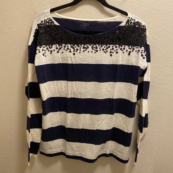 Loft Blue & White Striped Sequin Long Sleeve Boat Neck Tunic Size L NEW - Picture 1 of 7